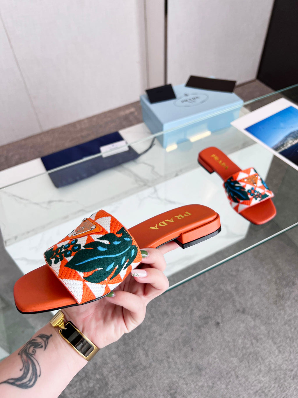 PRADA EMBROIDERED SLIDES FLAT ORANGE FABRIC