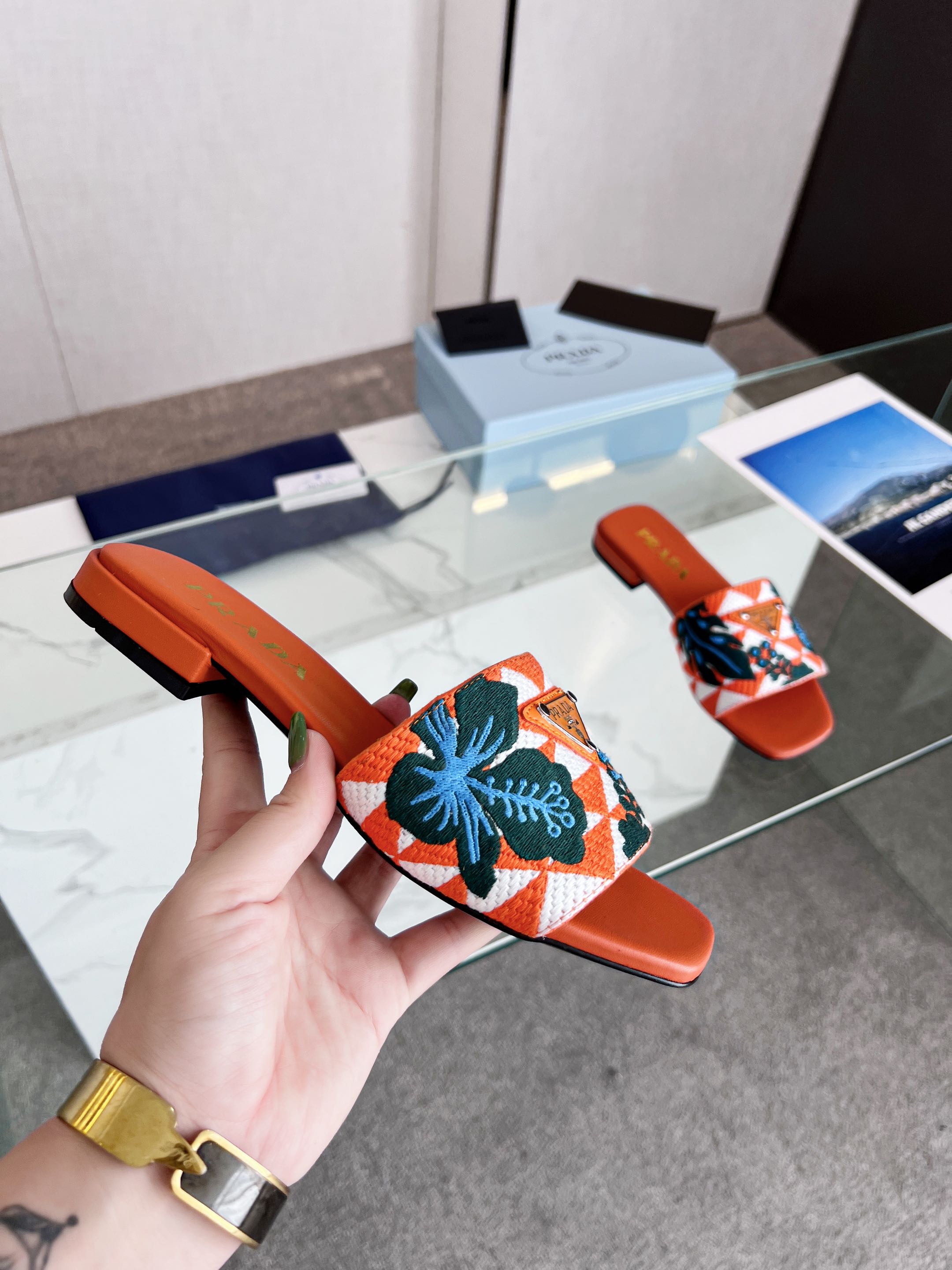 PRADA EMBROIDERED SLIDES FLAT ORANGE FABRIC