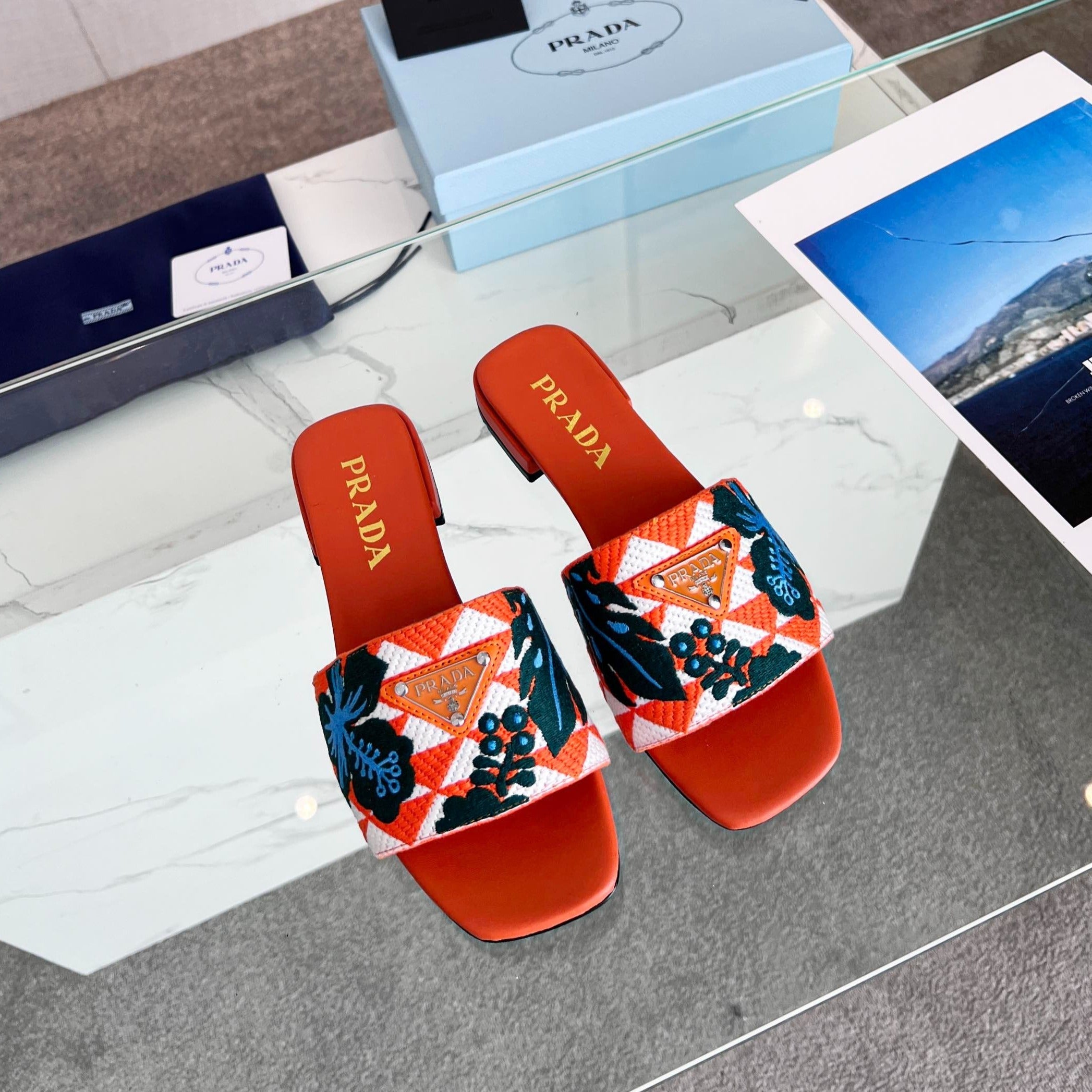 PRADA EMBROIDERED SLIDES FLAT ORANGE FABRIC