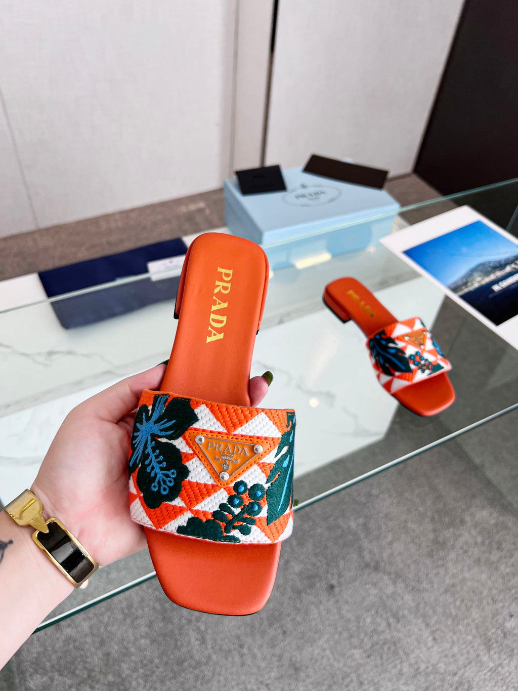 PRADA EMBROIDERED SLIDES FLAT ORANGE FABRIC