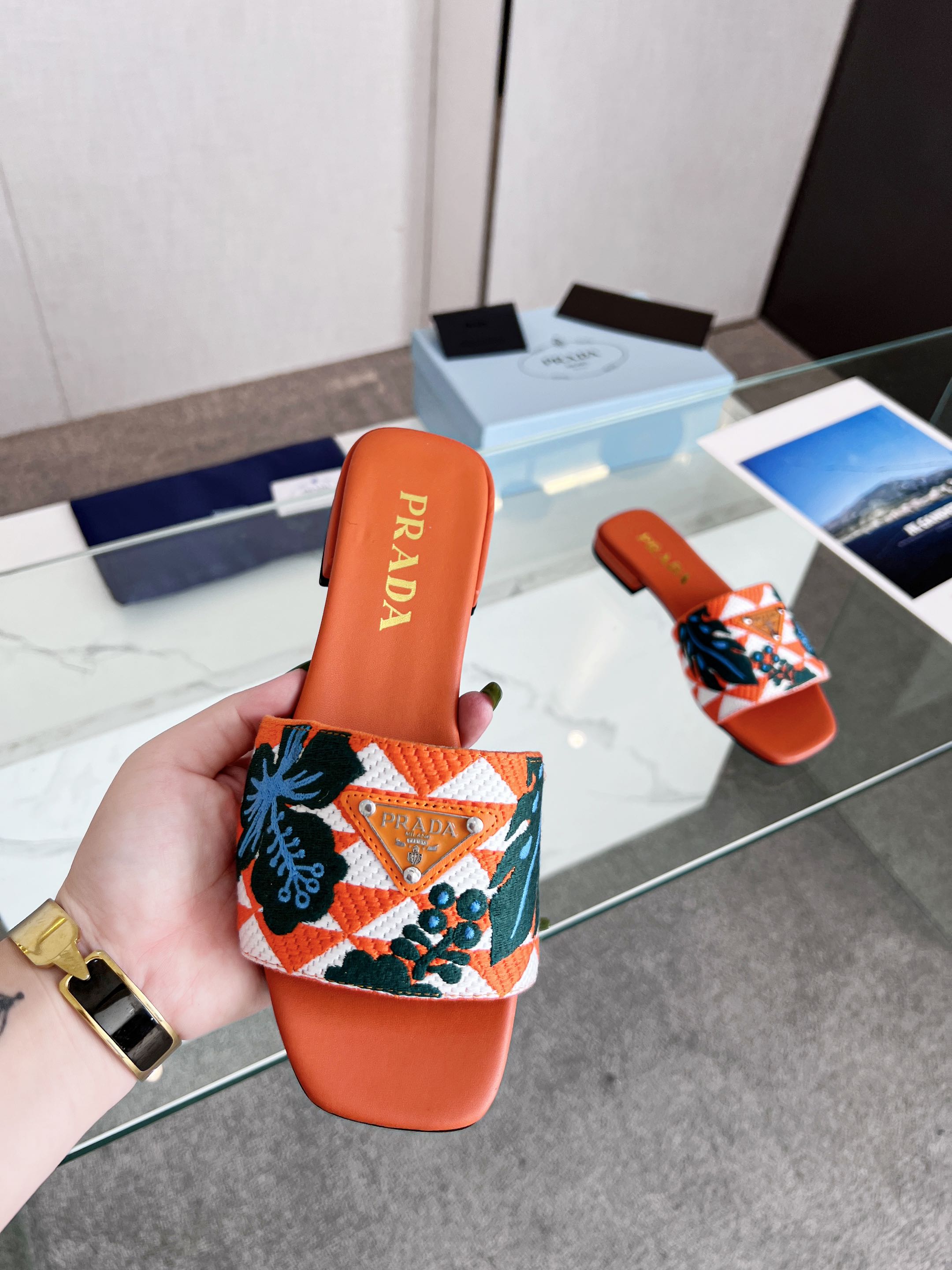 PRADA EMBROIDERED SLIDES FLAT ORANGE FABRIC