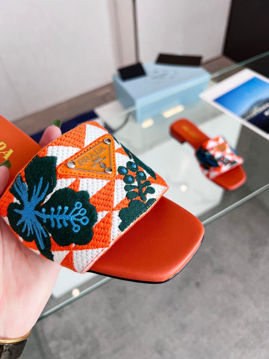 PRADA EMBROIDERED SLIDES FLAT ORANGE FABRIC