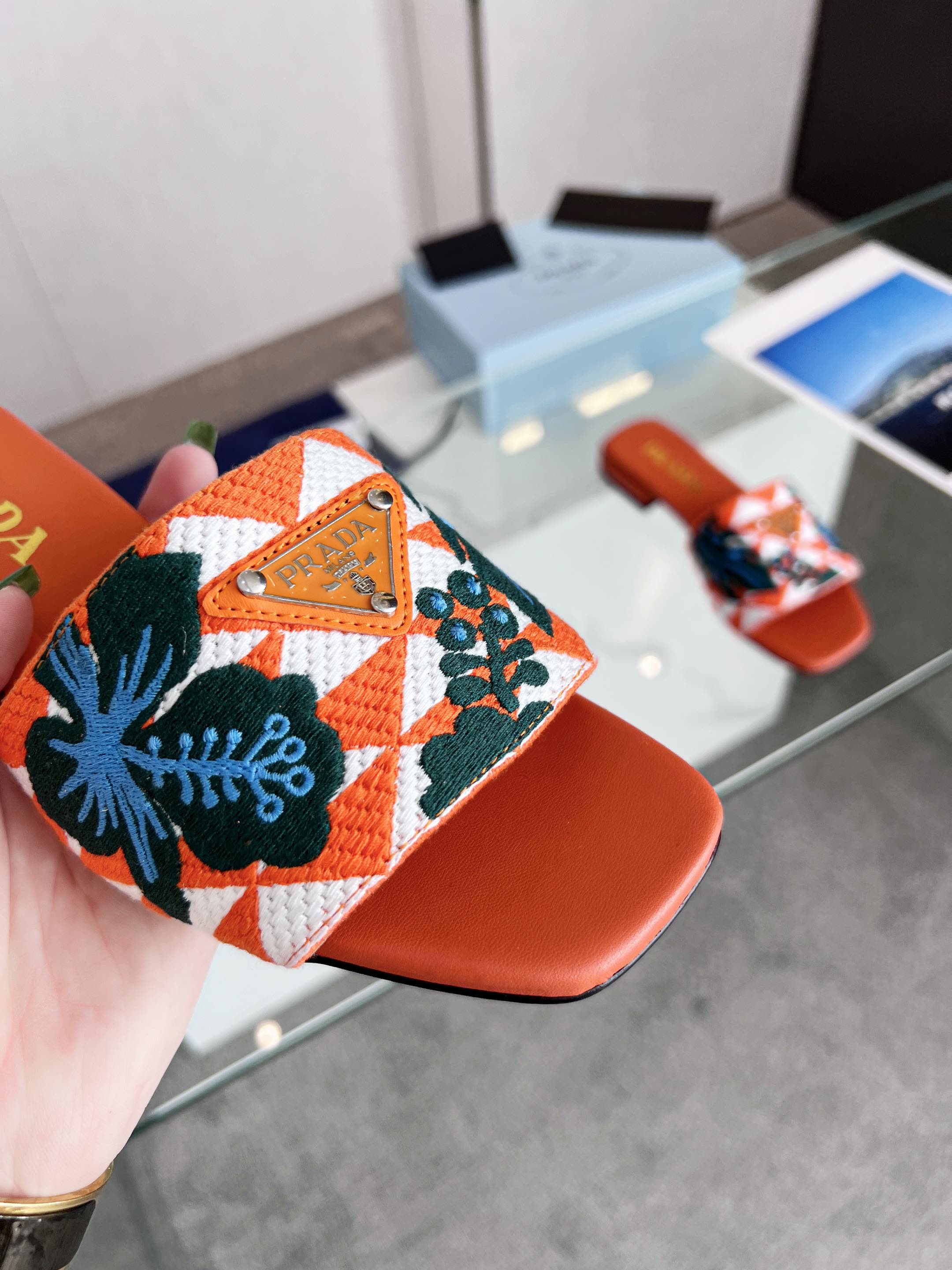PRADA EMBROIDERED SLIDES FLAT ORANGE FABRIC