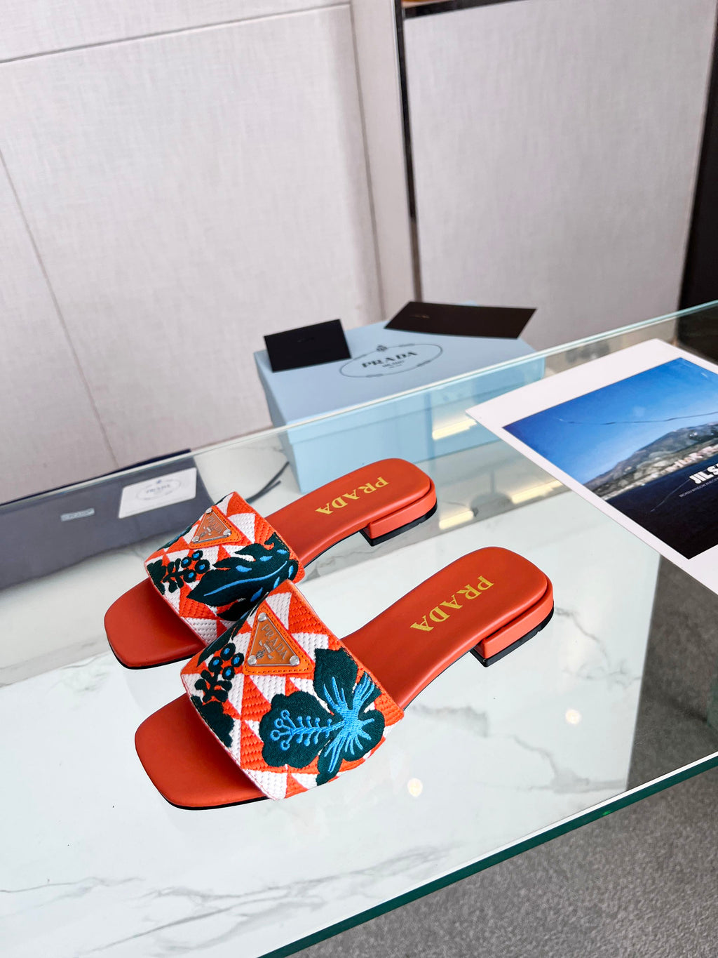 PRADA EMBROIDERED SLIDES FLAT ORANGE FABRIC
