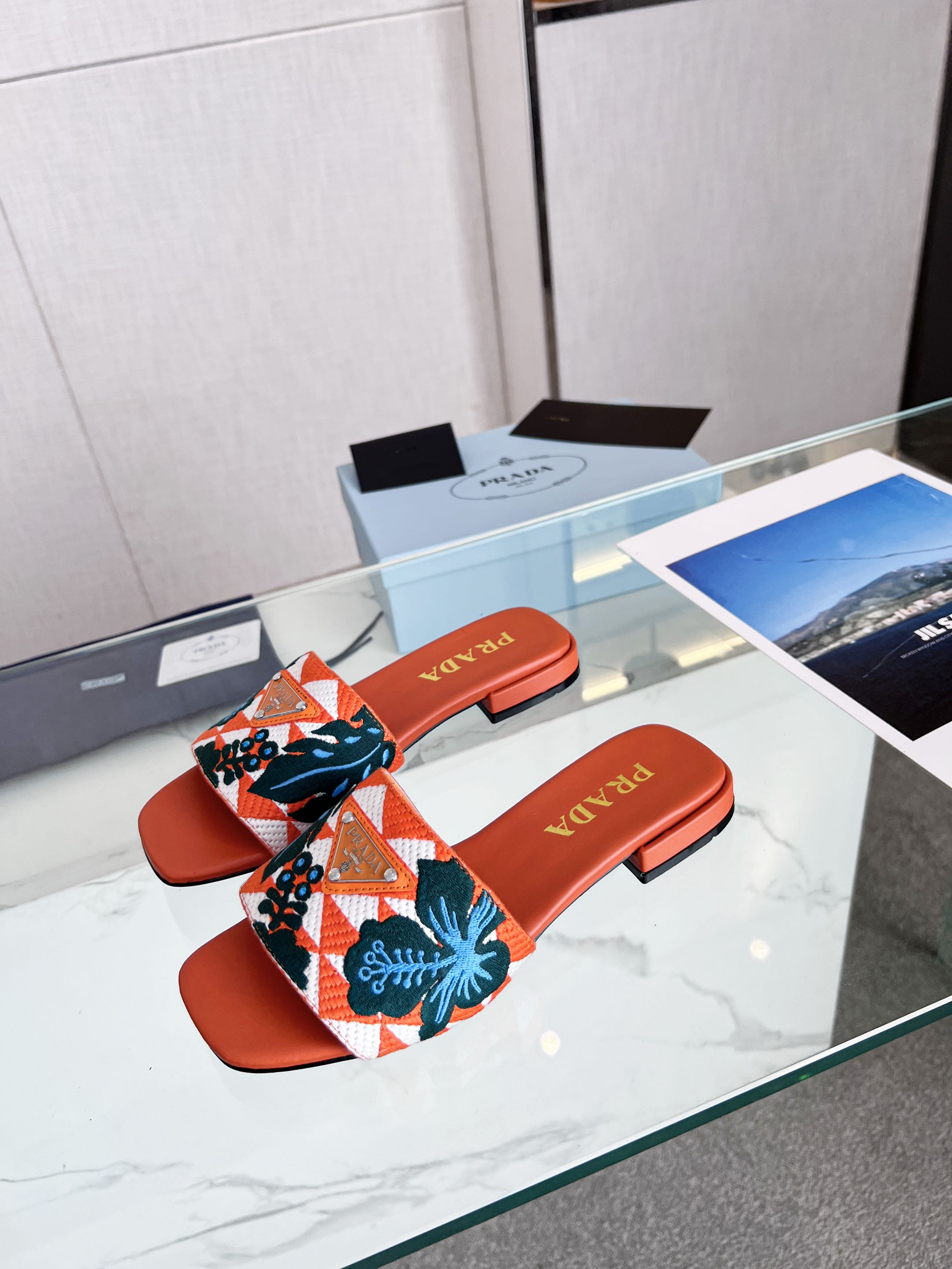 PRADA EMBROIDERED SLIDES FLAT ORANGE FABRIC