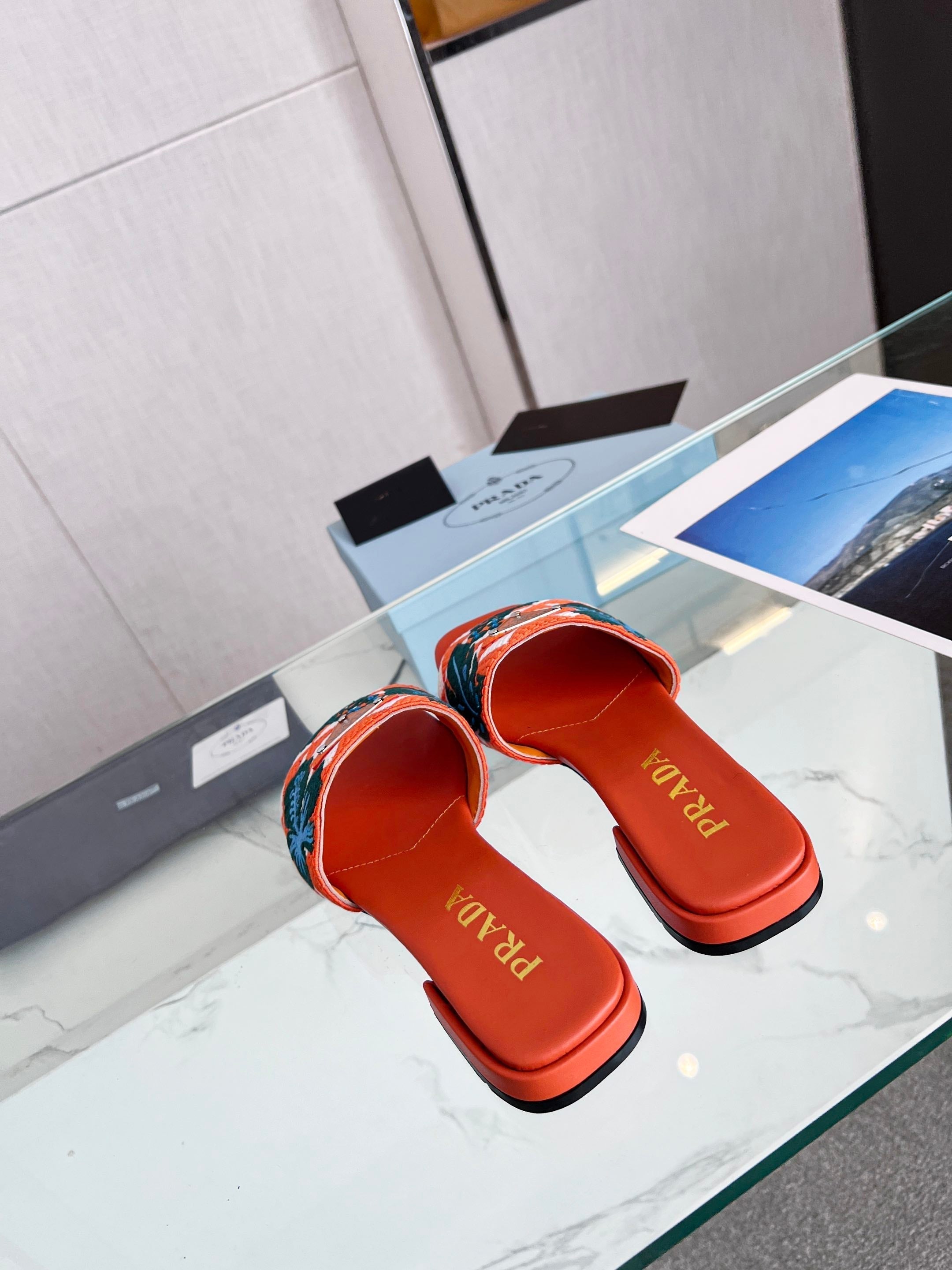 PRADA EMBROIDERED SLIDES FLAT ORANGE FABRIC