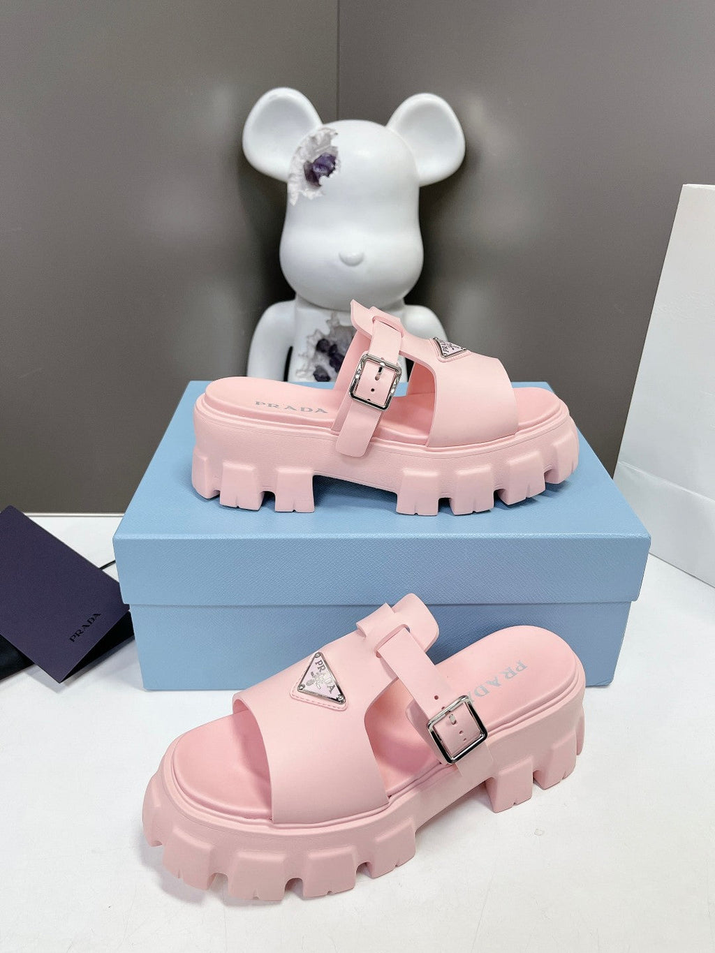 PRADA MONOLITH SLIPPER SANLS IN LIGHT PINK RUBBER