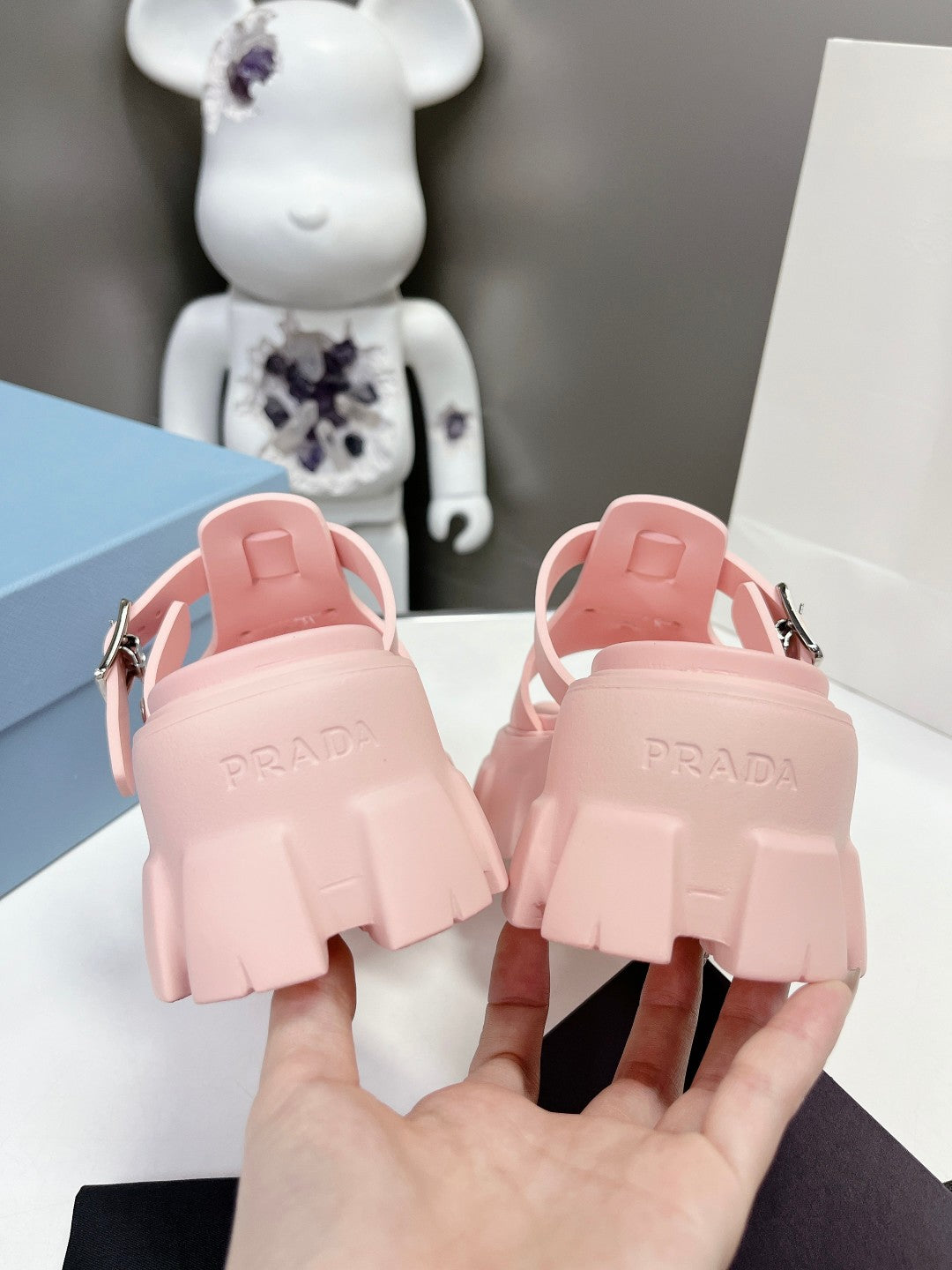 PRADA MONOLITH SLIPPER SANLS IN LIGHT PINK RUBBER