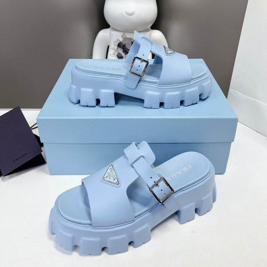 PRADA MONOLITH SLIPPER SANLS IN SKY BLUE RUBBER