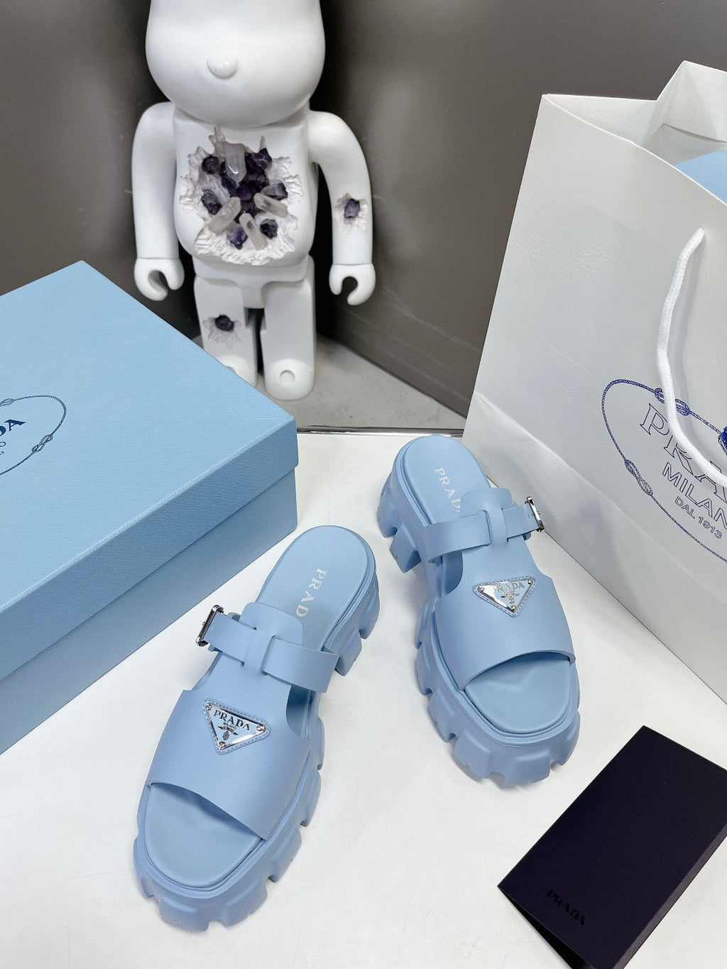 PRADA MONOLITH SLIPPER SANLS IN SKY BLUE RUBBER
