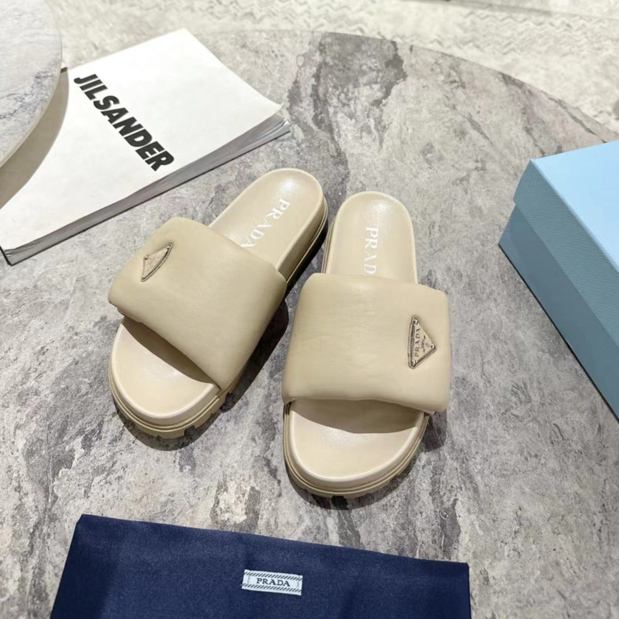 PRADA SHEARLING SLIDES CREAMY WHITE LAMBSKIN