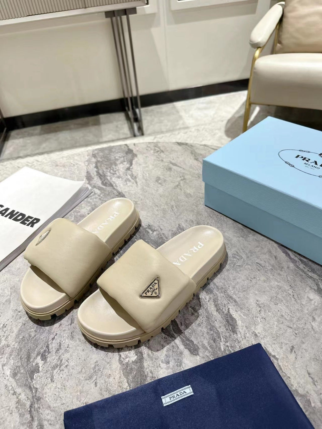 PRADA SHEARLING SLIDES CREAMY WHITE LAMBSKIN