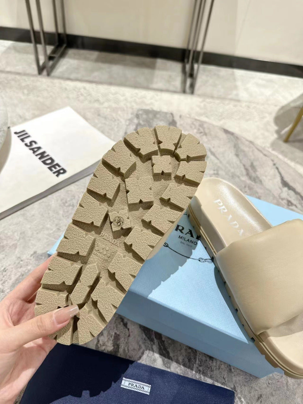 PRADA SHEARLING SLIDES CREAMY WHITE LAMBSKIN