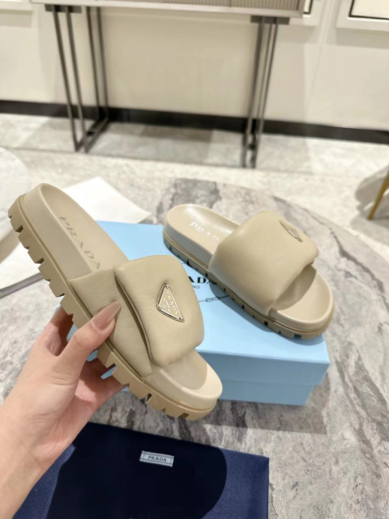 PRADA SHEARLING SLIDES CREAMY WHITE LAMBSKIN