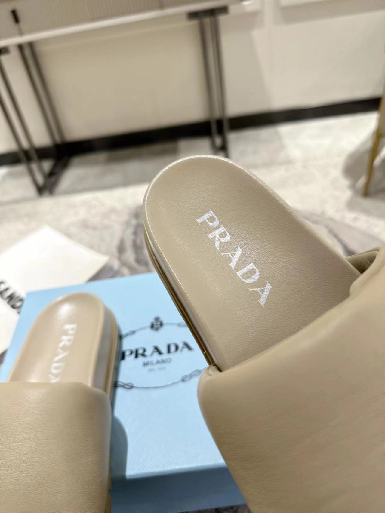 PRADA SHEARLING SLIDES CREAMY WHITE LAMBSKIN
