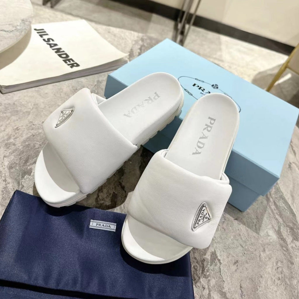 PRADA SHEARLING SLIDES WHITE LAMBSKIN