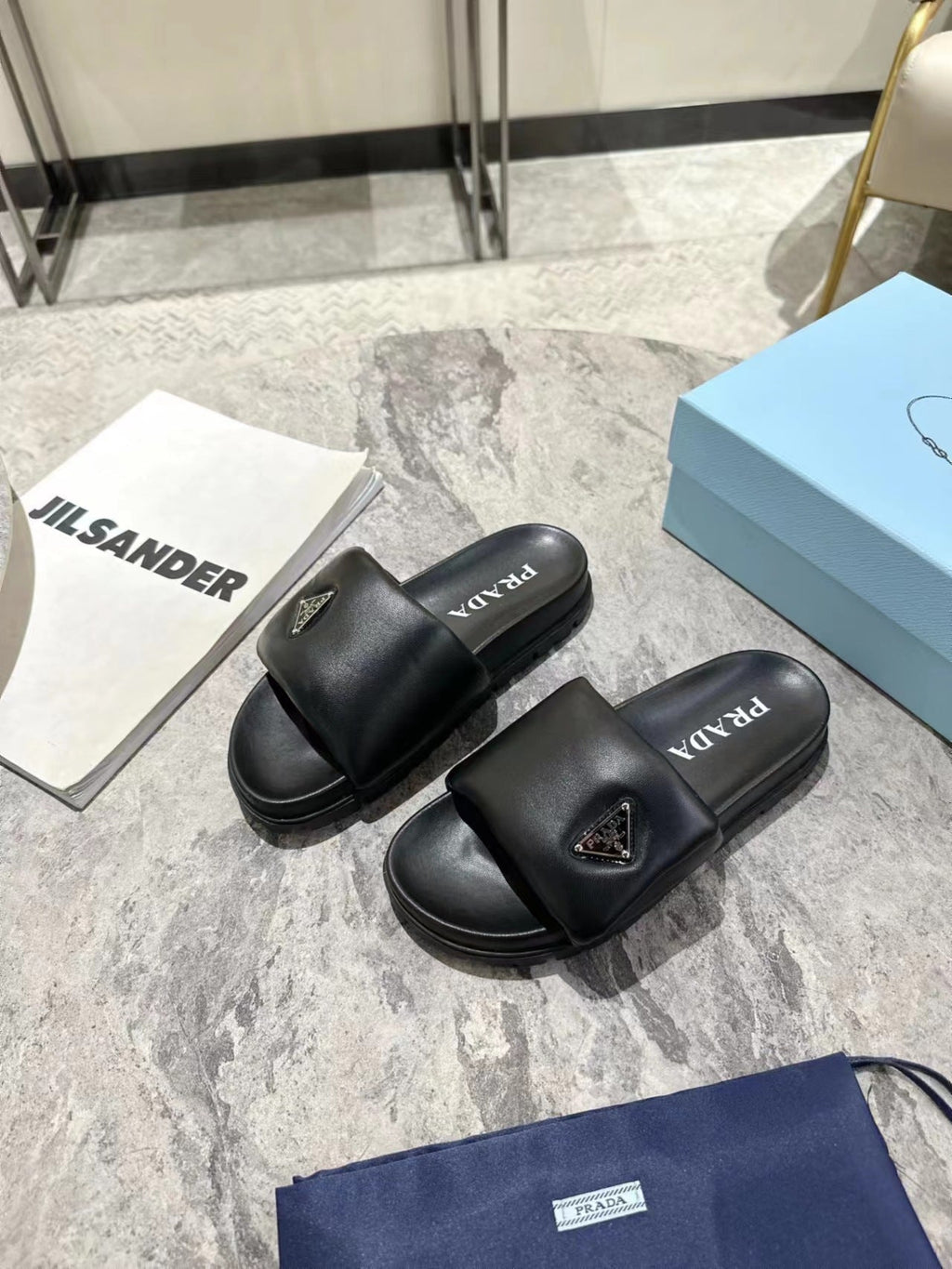 PRADA SHEARLING SLIDES BLACK LAMBSKIN