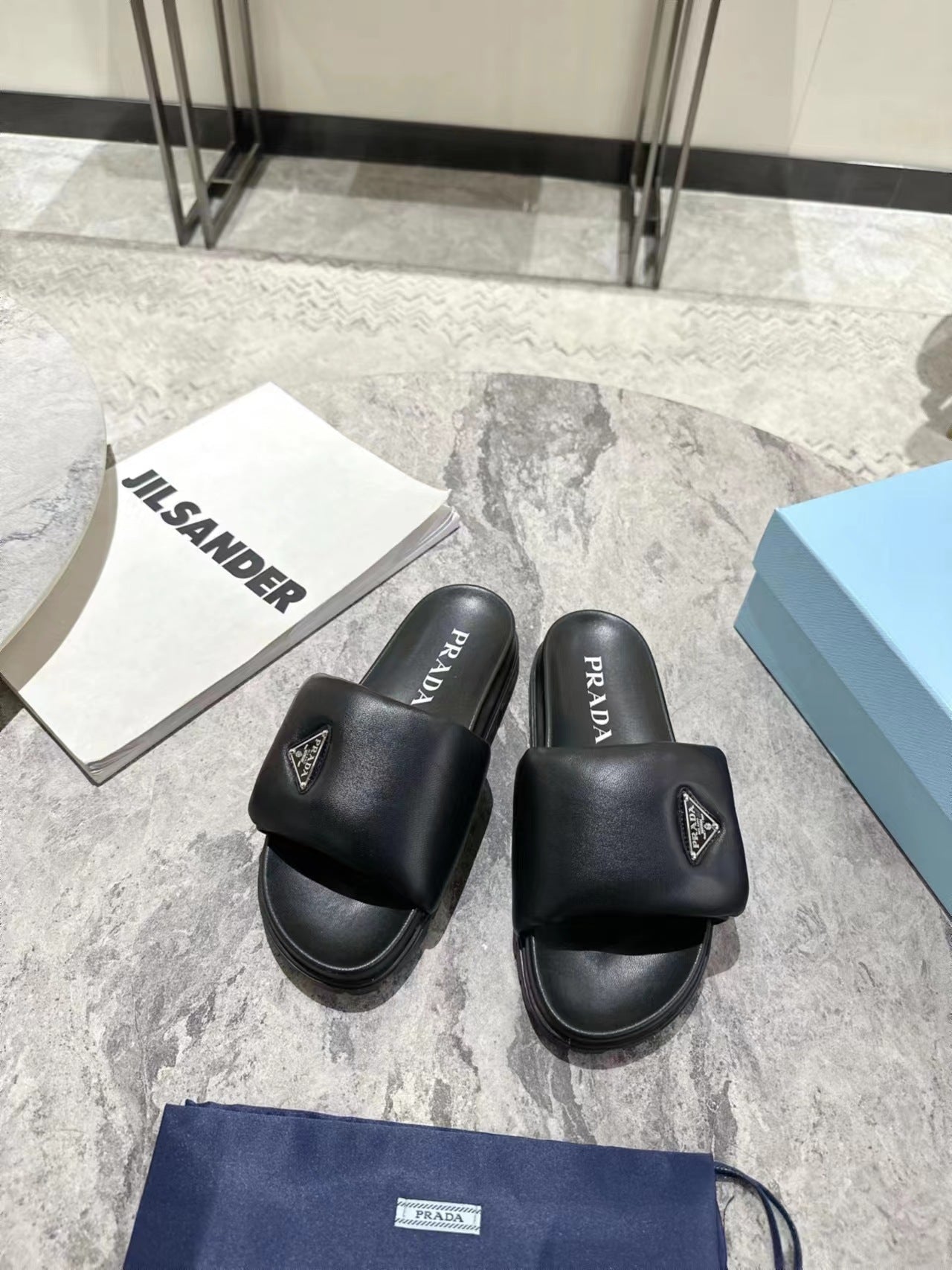PRADA SHEARLING SLIDES BLACK LAMBSKIN