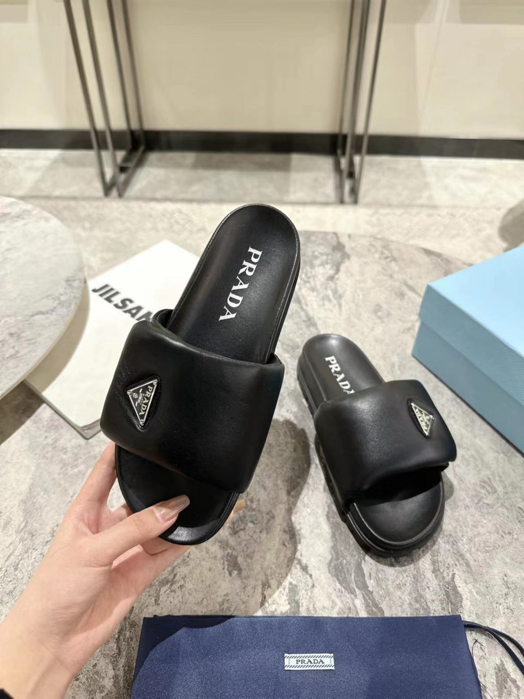 PRADA SHEARLING SLIDES BLACK LAMBSKIN