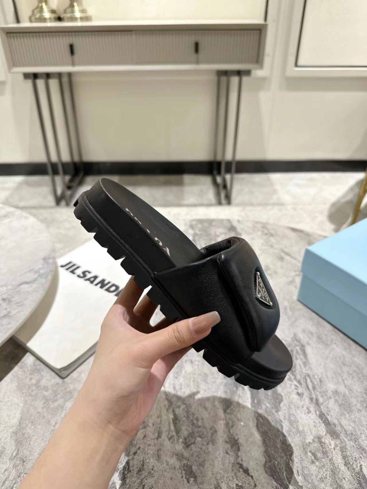 PRADA SHEARLING SLIDES BLACK LAMBSKIN