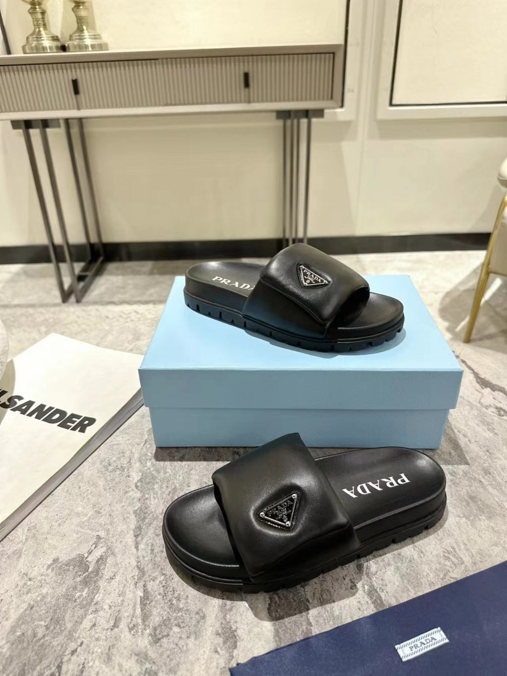 PRADA SHEARLING SLIDES BLACK LAMBSKIN