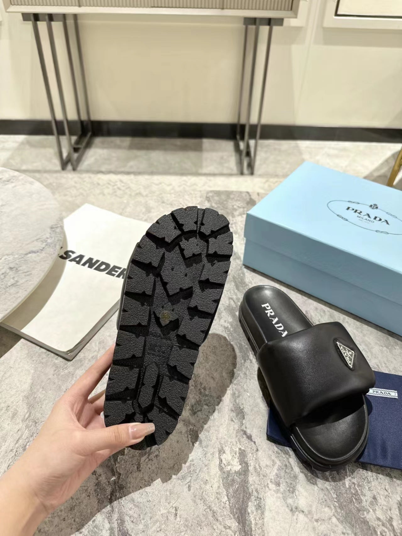 PRADA SHEARLING SLIDES BLACK LAMBSKIN