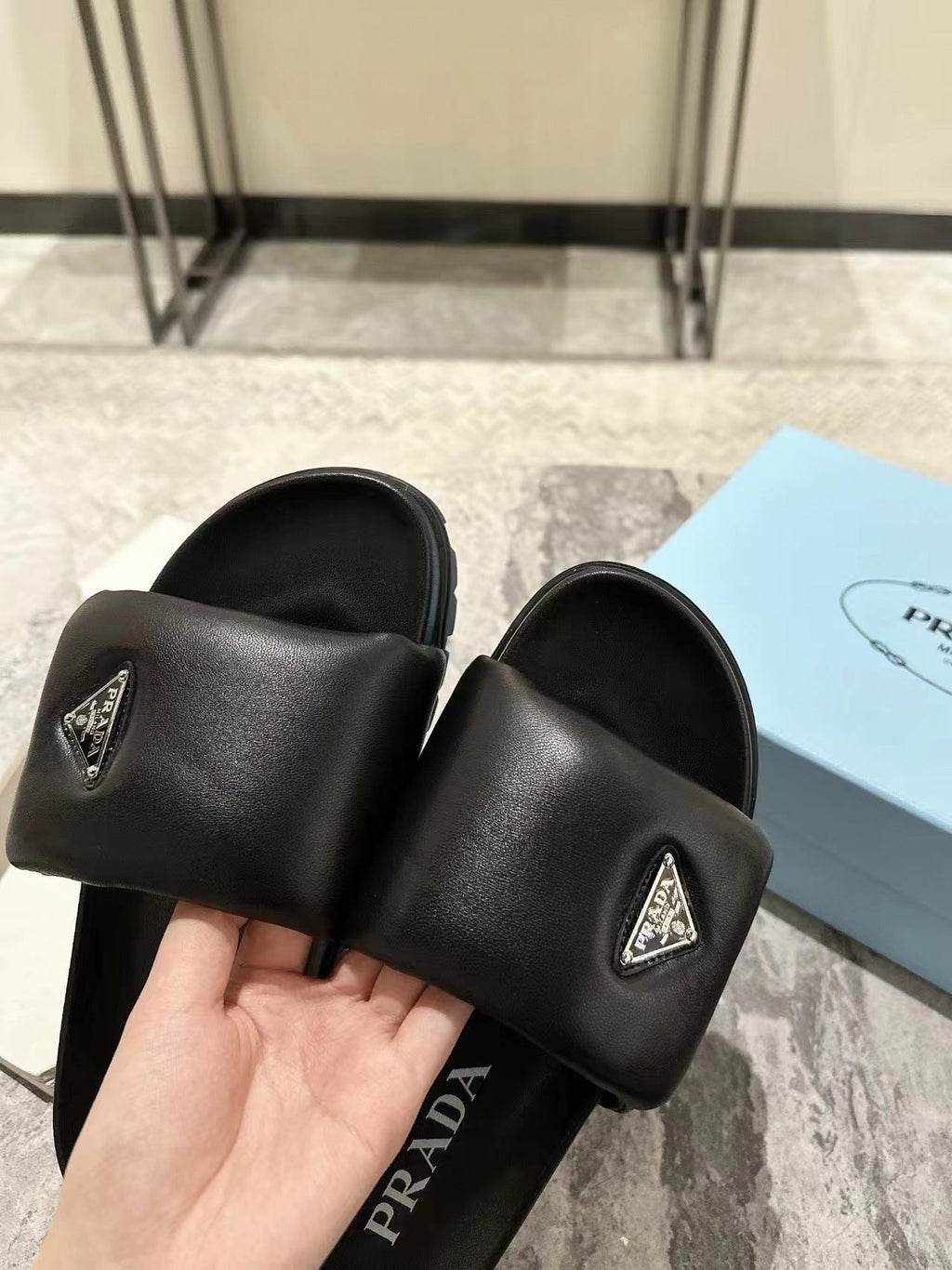 PRADA SHEARLING SLIDES BLACK LAMBSKIN