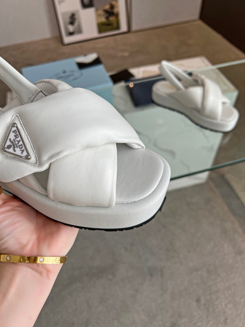 PRADA PADDED NAPPA CRISSCROSS SANLS WHITE LAMBSKIN