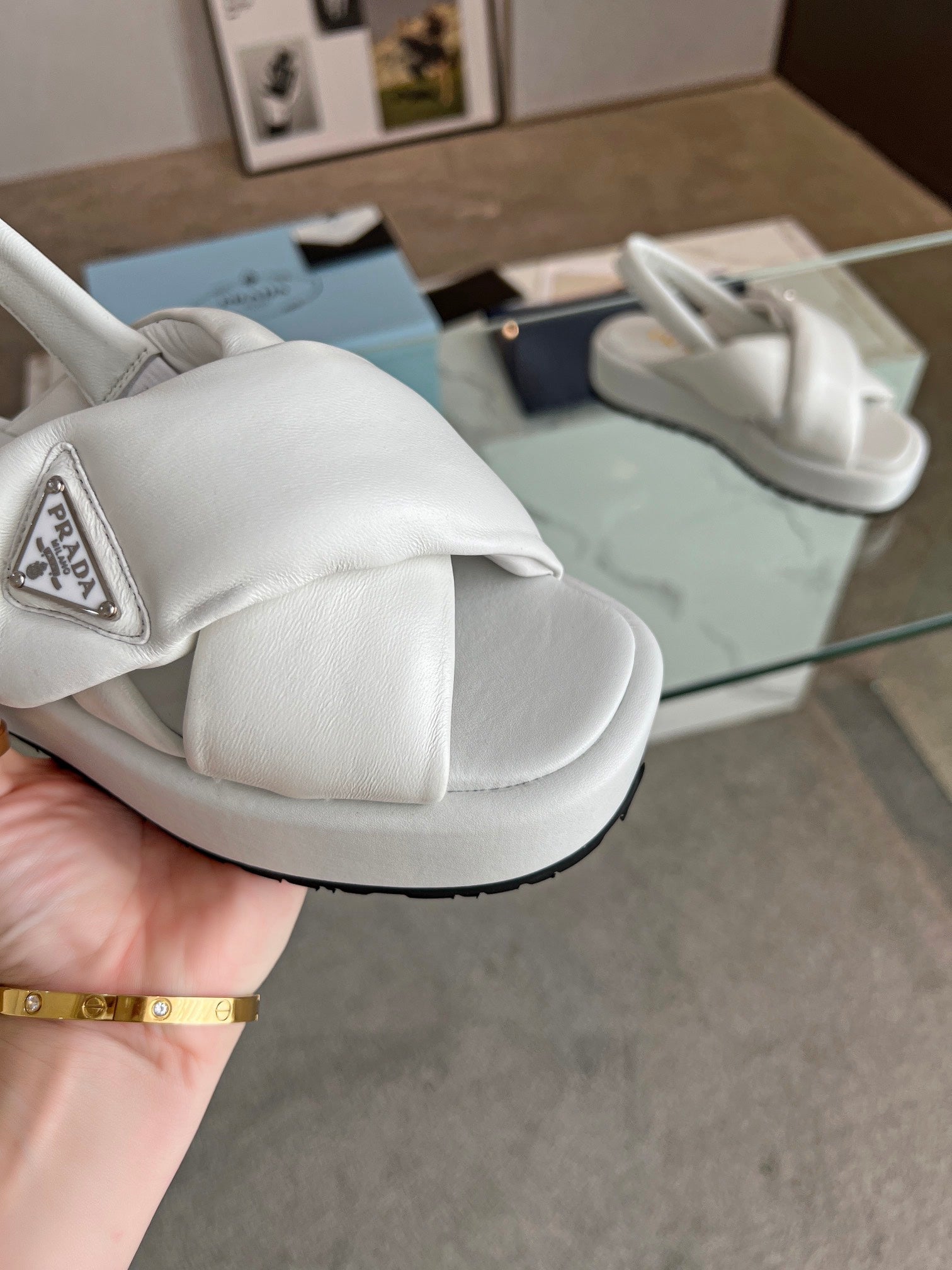 PRADA PADDED NAPPA CRISSCROSS SANLS WHITE LAMBSKIN