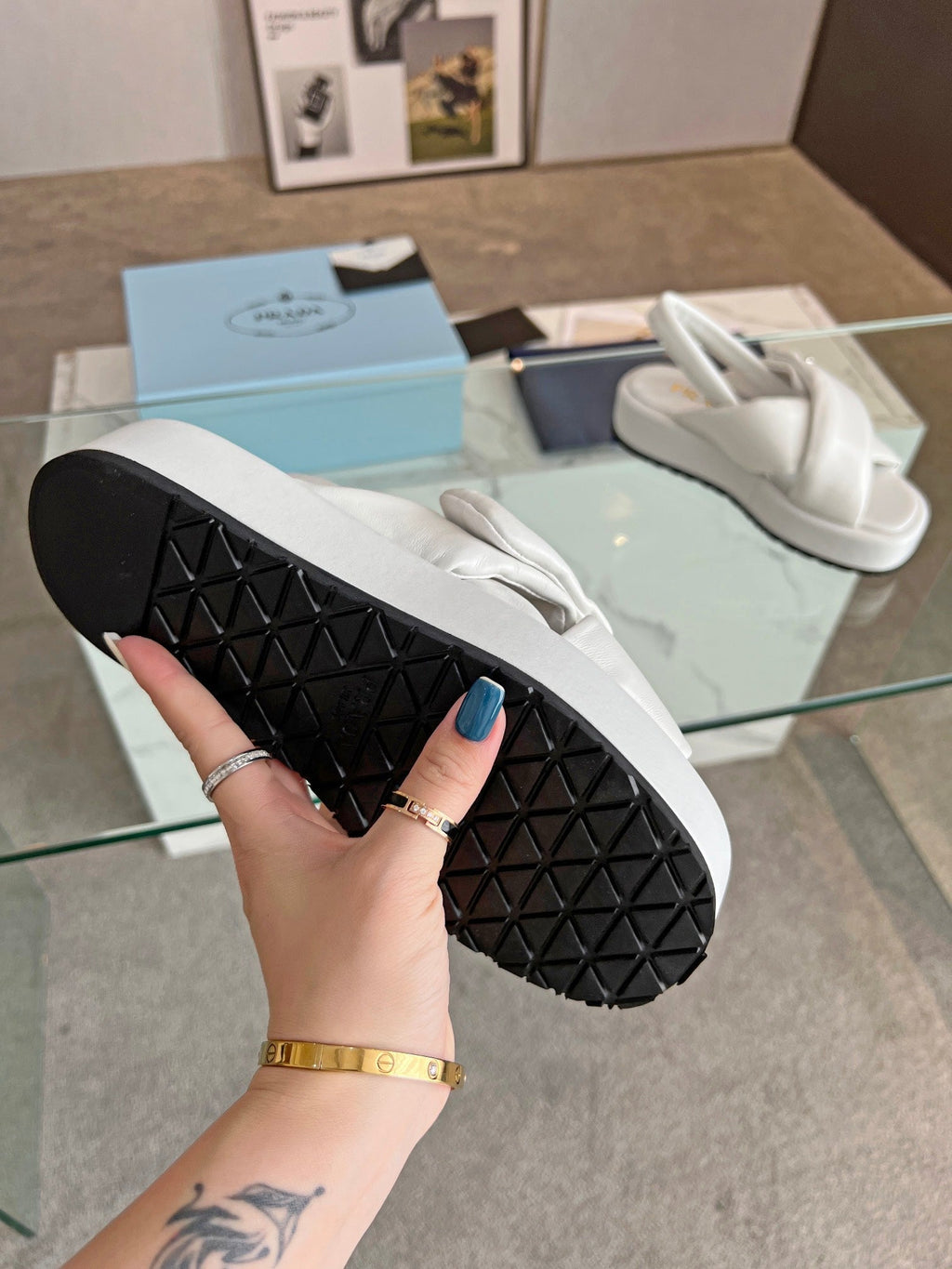 PRADA PADDED NAPPA CRISSCROSS SANLS WHITE LAMBSKIN