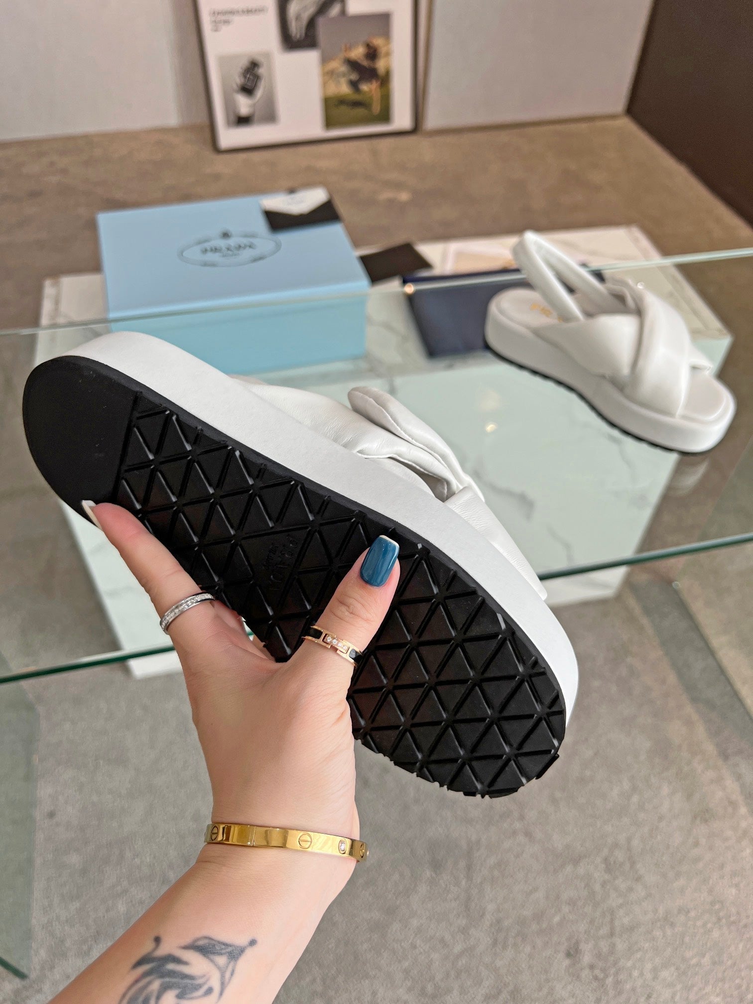 PRADA PADDED NAPPA CRISSCROSS SANLS WHITE LAMBSKIN
