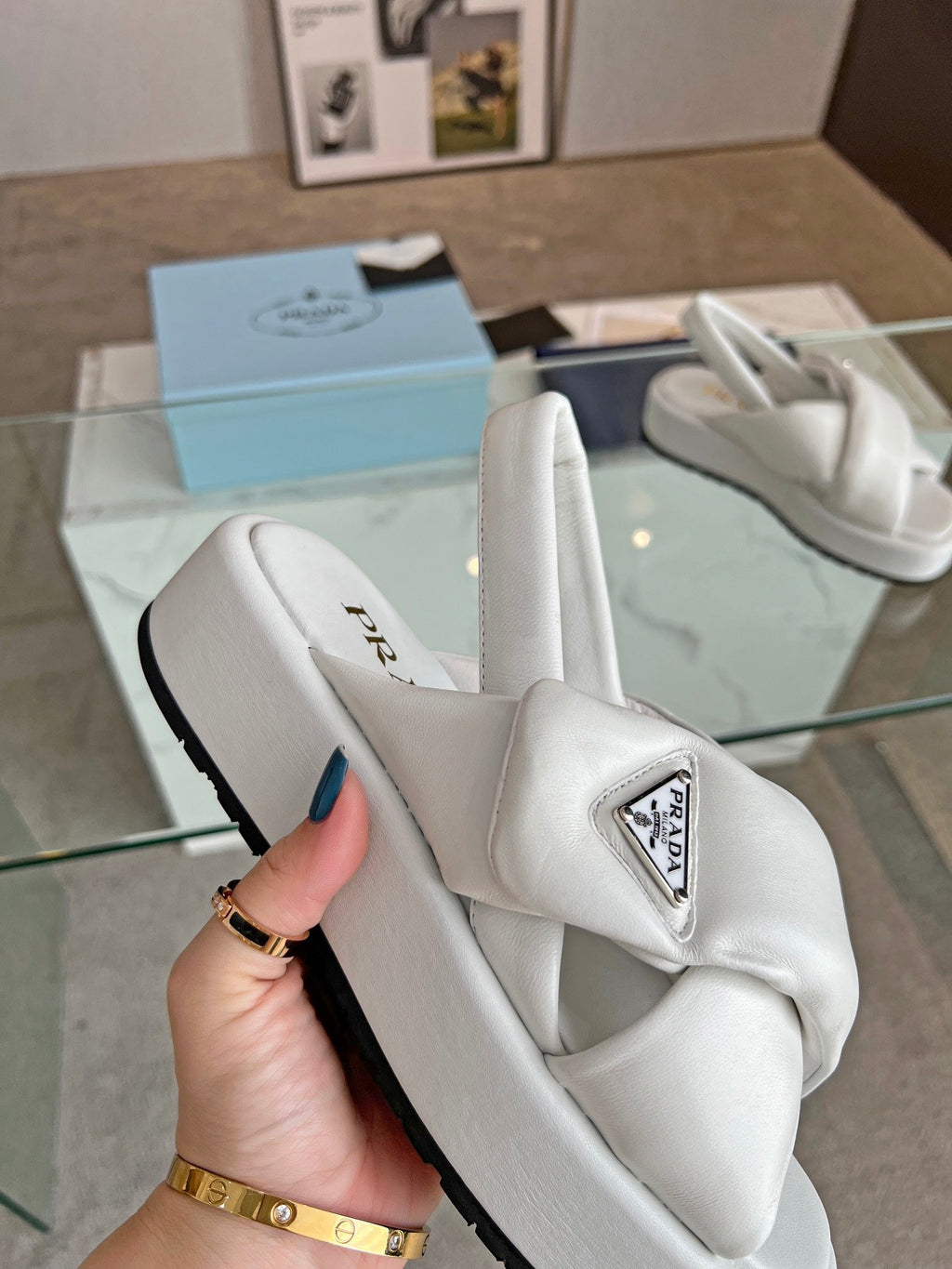 PRADA PADDED NAPPA CRISSCROSS SANLS WHITE LAMBSKIN