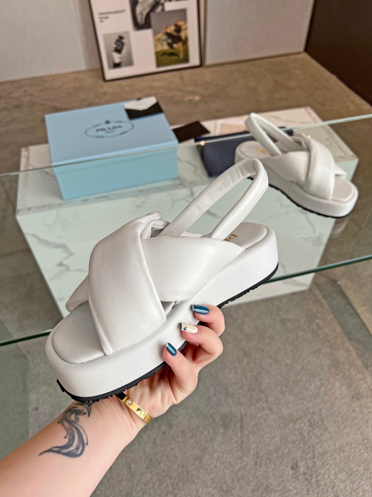 PRADA PADDED NAPPA CRISSCROSS SANLS WHITE LAMBSKIN