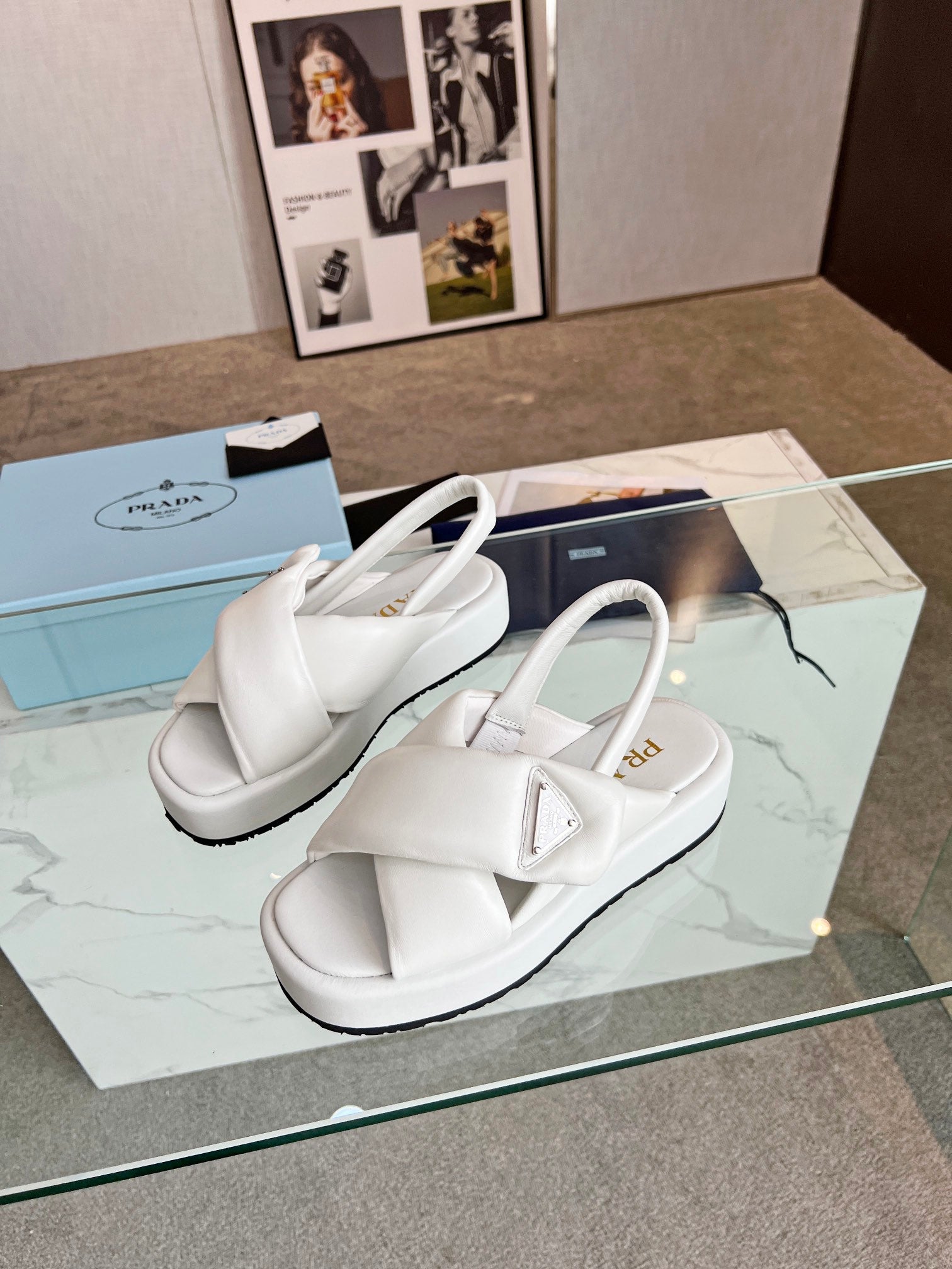 PRADA PADDED NAPPA CRISSCROSS SANLS WHITE LAMBSKIN