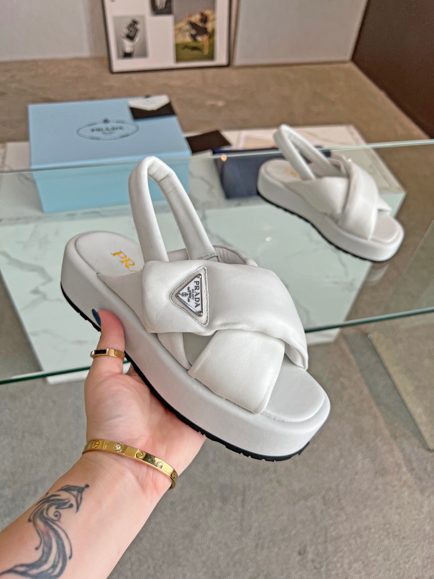 PRADA PADDED NAPPA CRISSCROSS SANLS WHITE LAMBSKIN