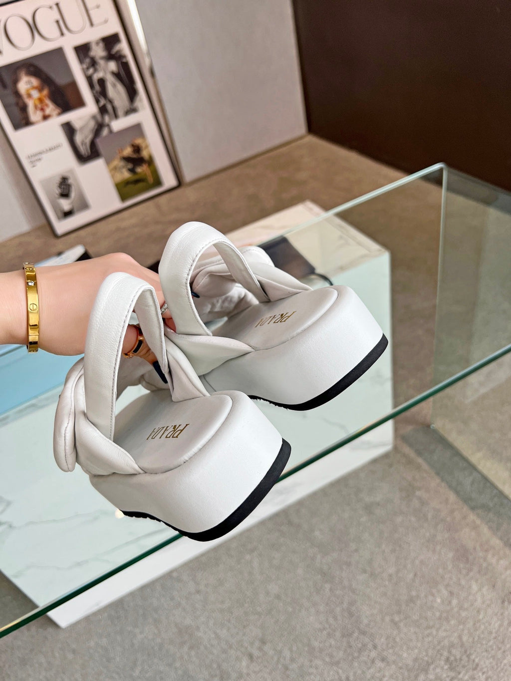 PRADA PADDED NAPPA CRISSCROSS SANLS WHITE LAMBSKIN