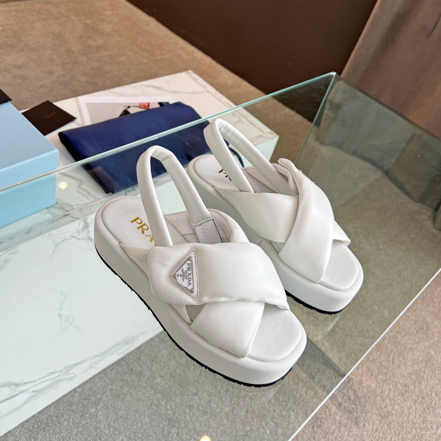 PRADA PADDED NAPPA CRISSCROSS SANLS WHITE LAMBSKIN
