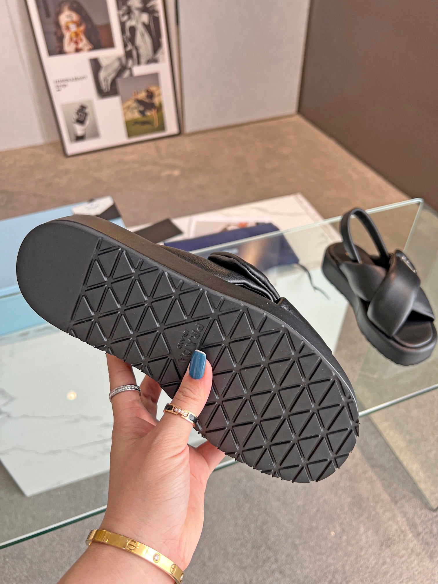 PRADA PADDED NAPPA CRISSCROSS SANLS BLACK LAMBSKIN