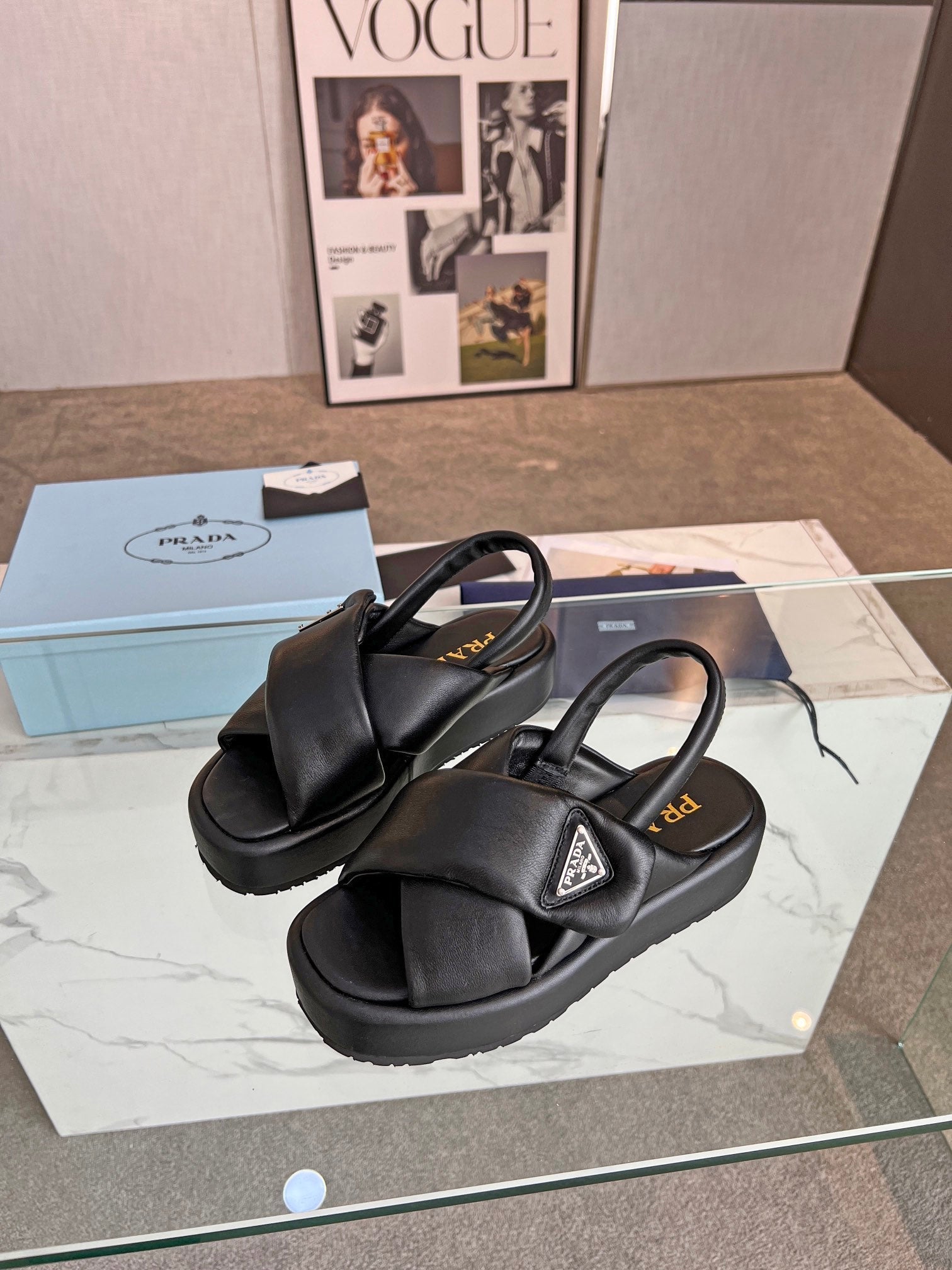 PRADA PADDED NAPPA CRISSCROSS SANLS BLACK LAMBSKIN