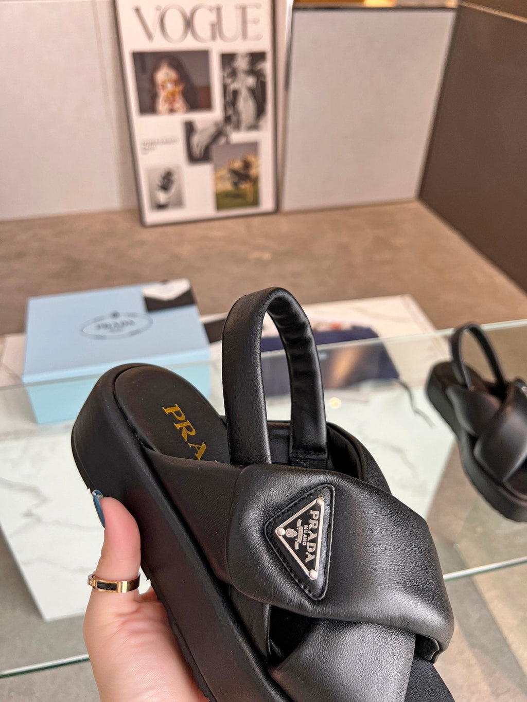 PRADA PADDED NAPPA CRISSCROSS SANLS BLACK LAMBSKIN