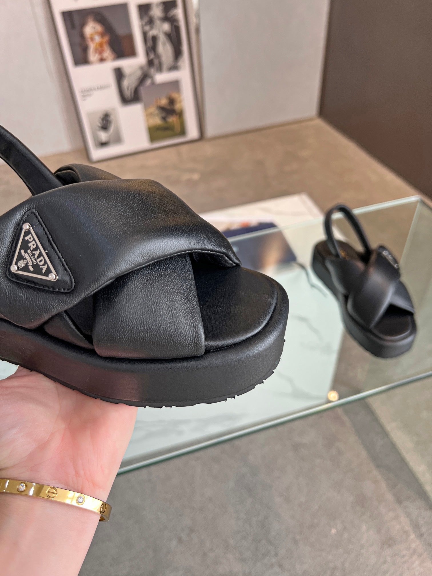 PRADA PADDED NAPPA CRISSCROSS SANLS BLACK LAMBSKIN