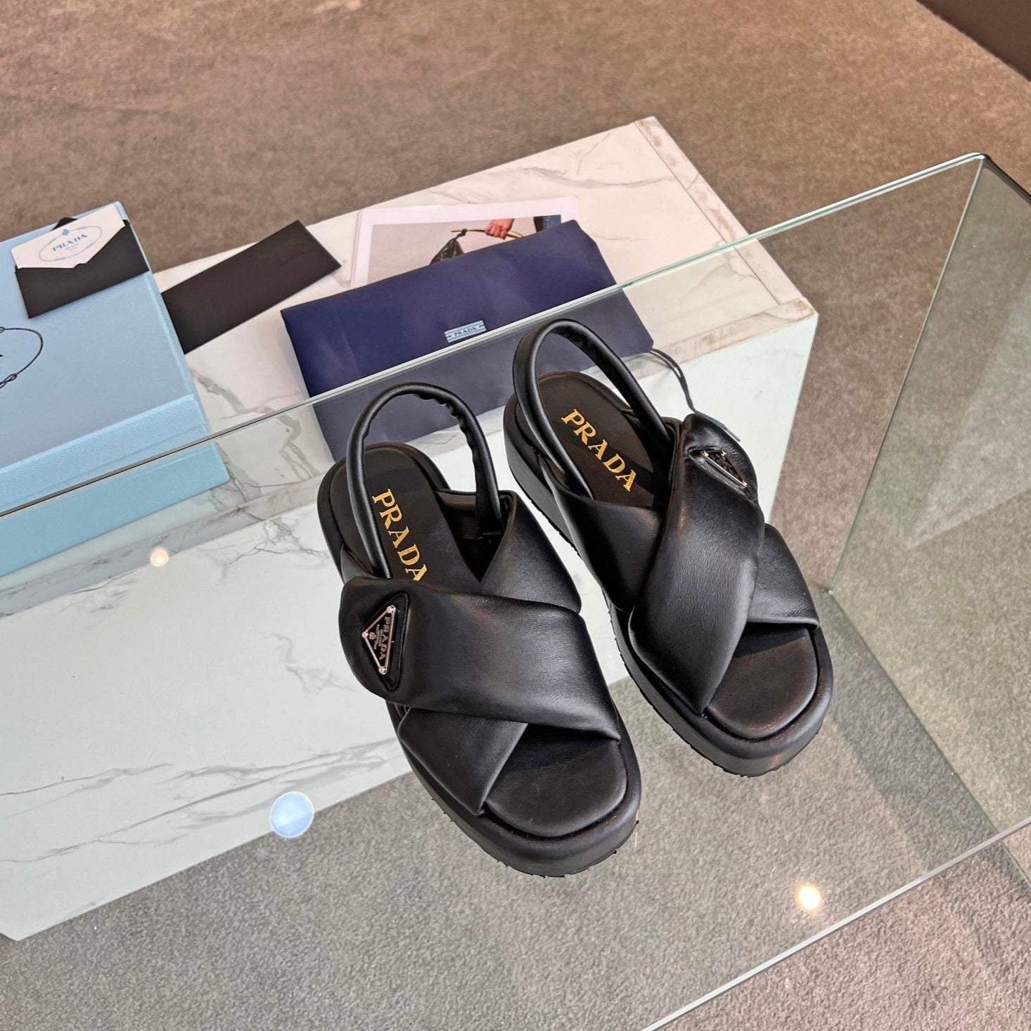 PRADA PADDED NAPPA CRISSCROSS SANLS BLACK LAMBSKIN
