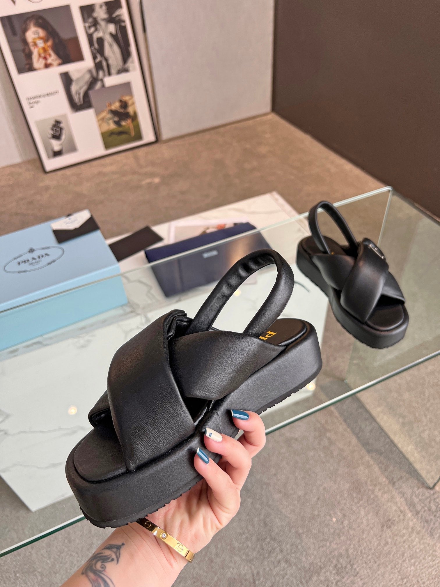 PRADA PADDED NAPPA CRISSCROSS SANLS BLACK LAMBSKIN