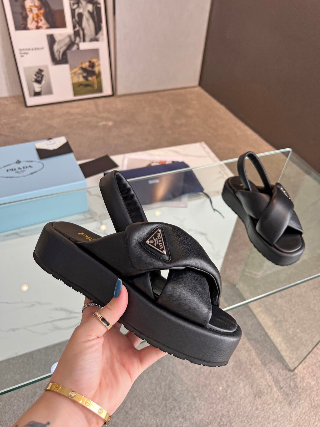 PRADA PADDED NAPPA CRISSCROSS SANLS BLACK LAMBSKIN