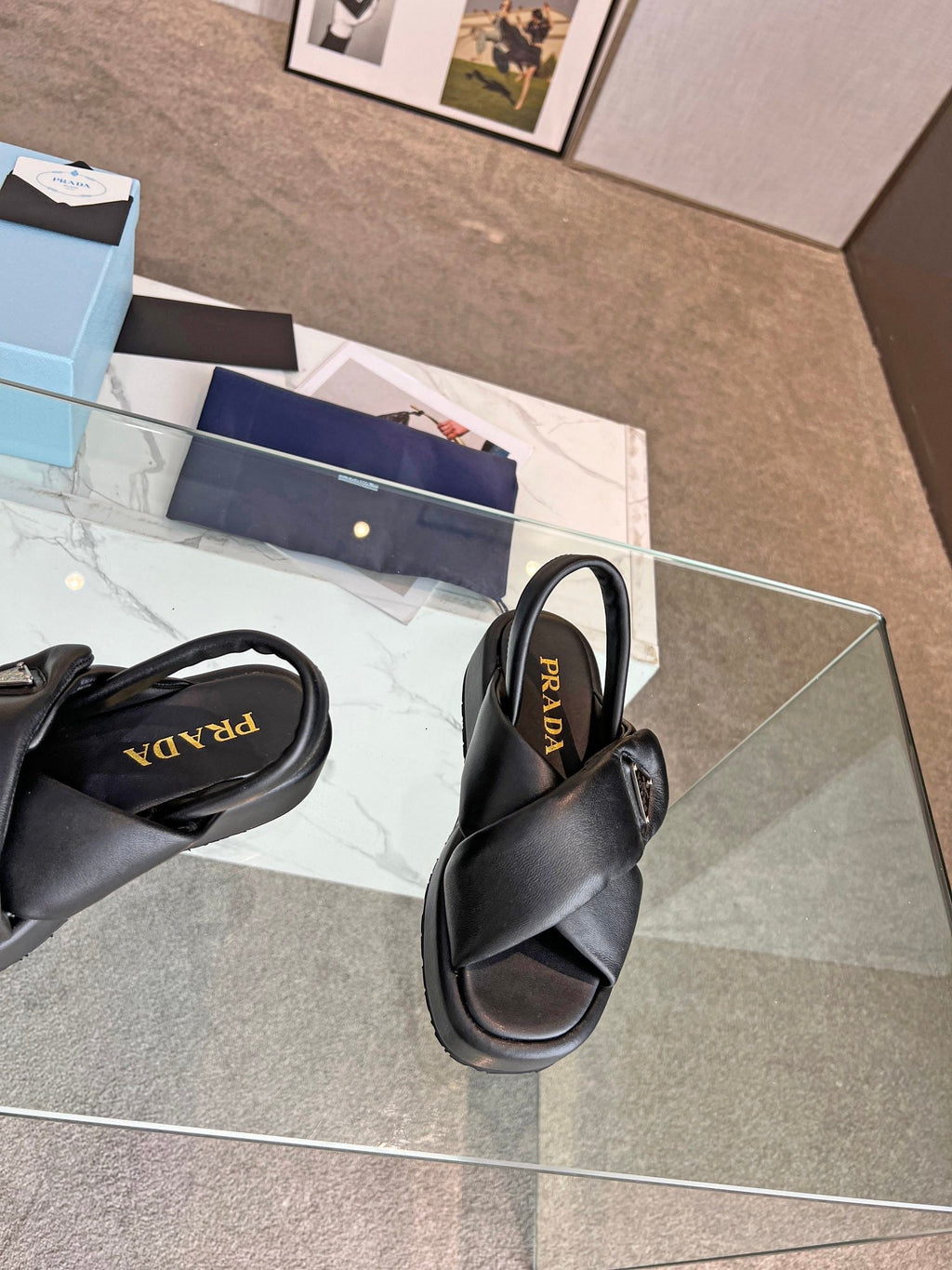 PRADA PADDED NAPPA CRISSCROSS SANLS BLACK LAMBSKIN