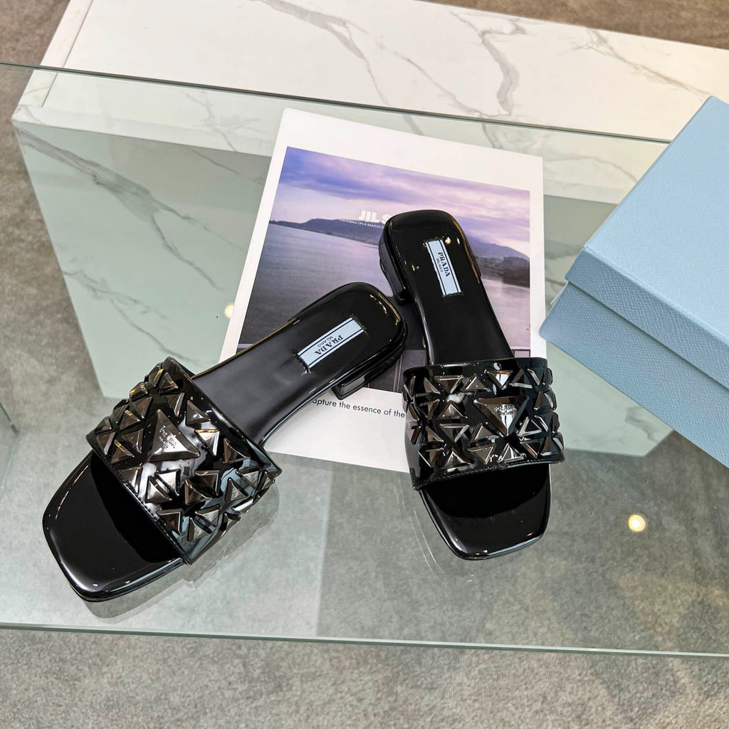 PRADA EMBROIDERED SLIDES FLAT BLACK CALFSKIN