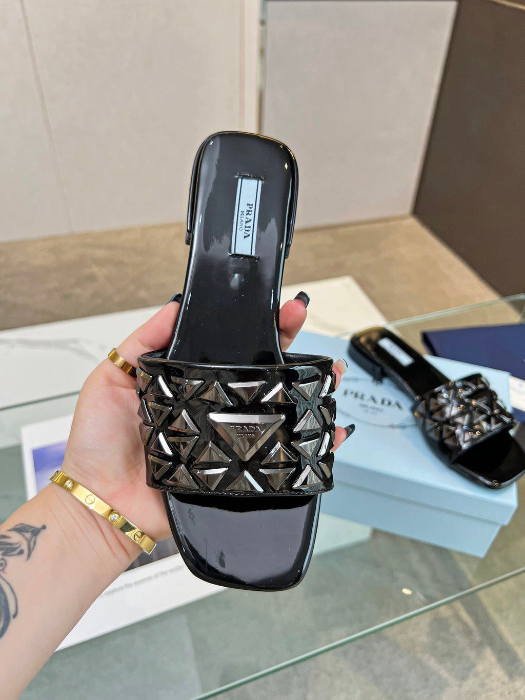 PRADA EMBROIDERED SLIDES FLAT BLACK CALFSKIN