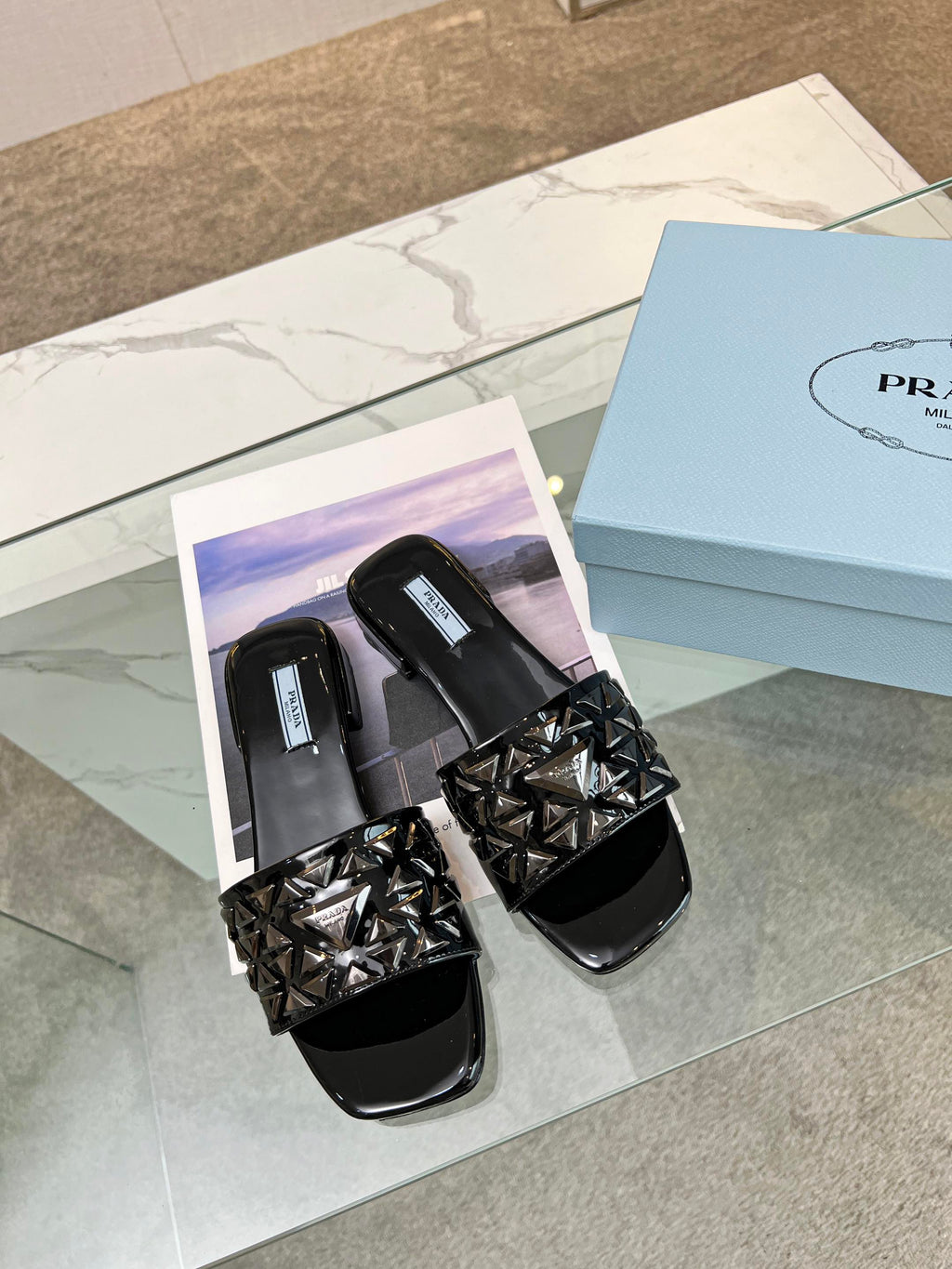 PRADA EMBROIDERED SLIDES FLAT BLACK CALFSKIN