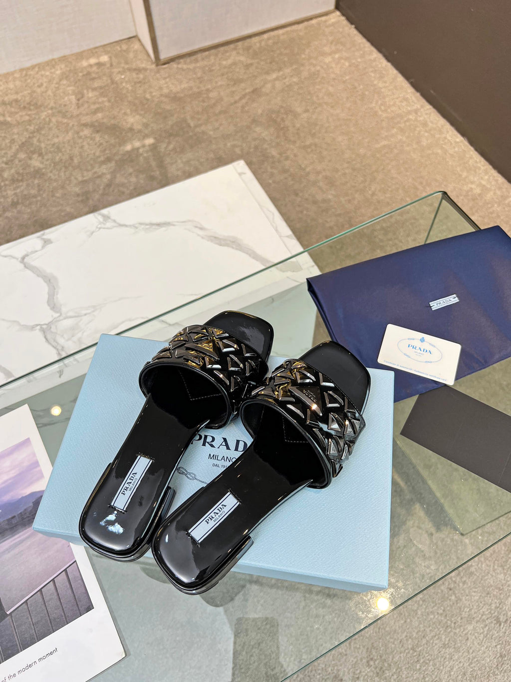 PRADA EMBROIDERED SLIDES FLAT BLACK CALFSKIN