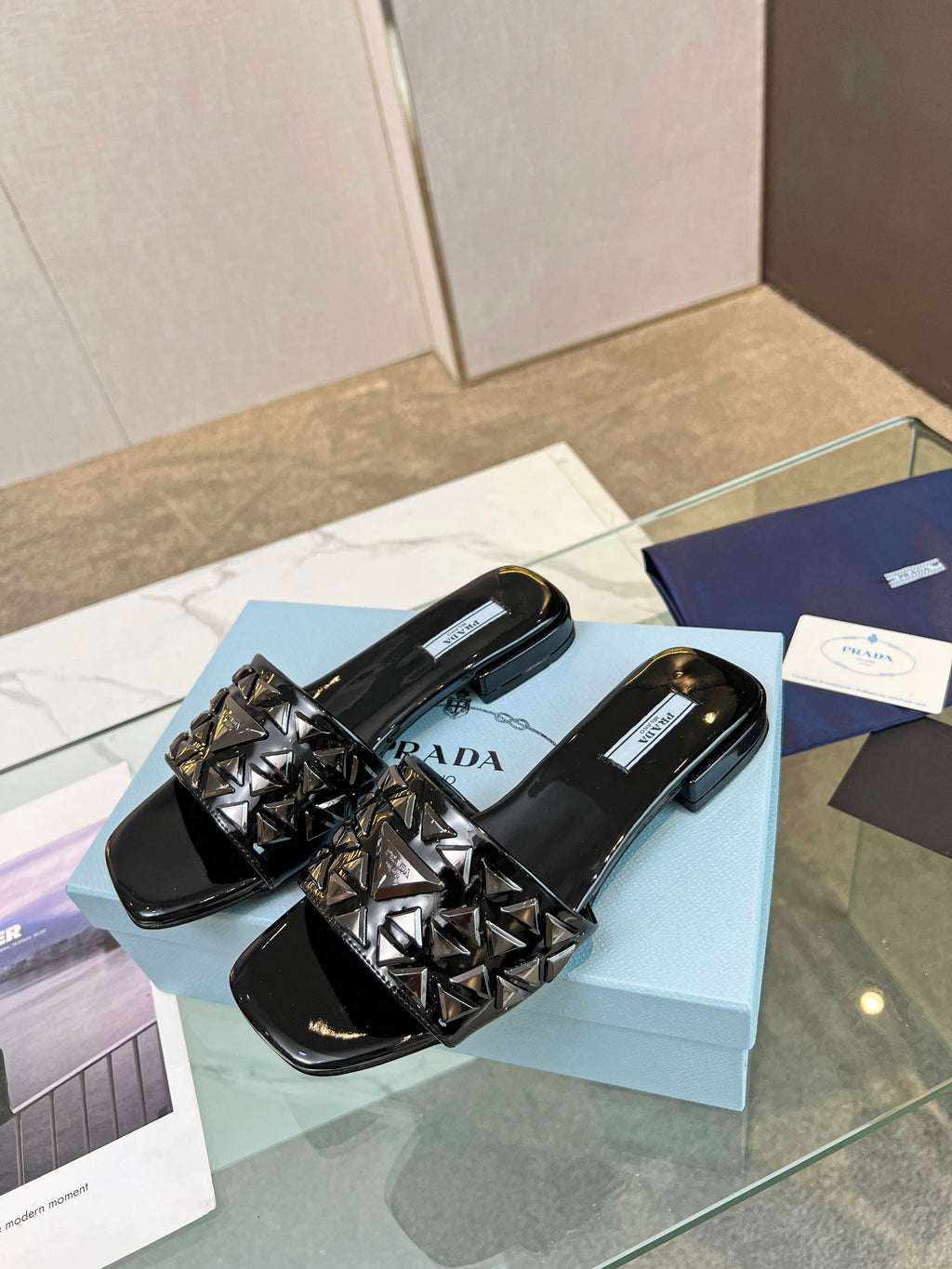 PRADA EMBROIDERED SLIDES FLAT BLACK CALFSKIN